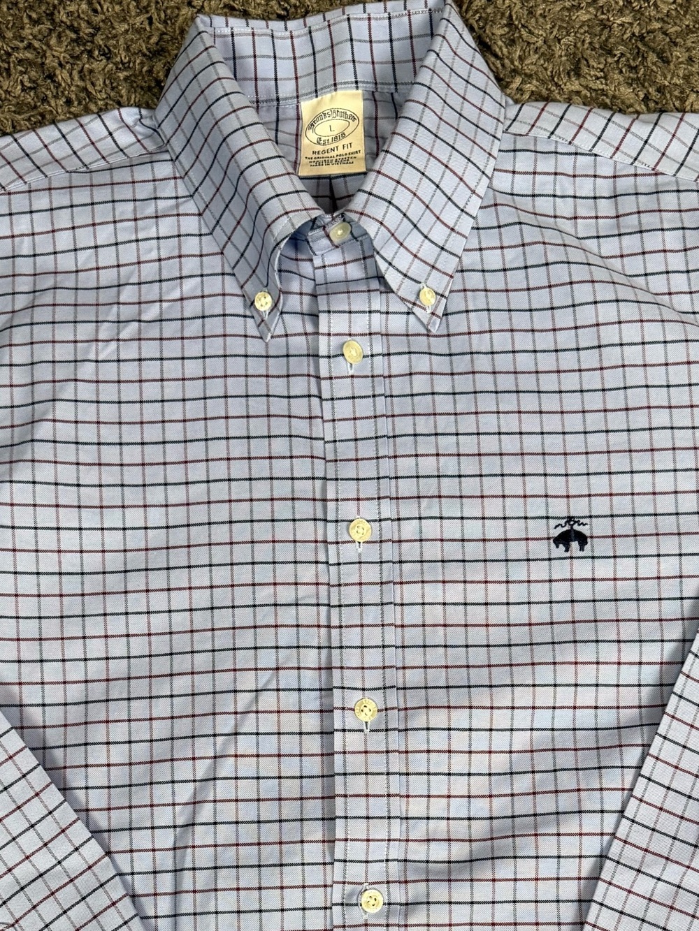 Brooks Brothers Light Blue Windowpane Button-Down Dress Shirt with Navy Logo